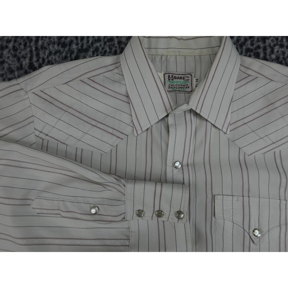 H Bar C Western Shirt Mens‎ 16.5 34 Tan Striped Pearl Snap California Ranchwear